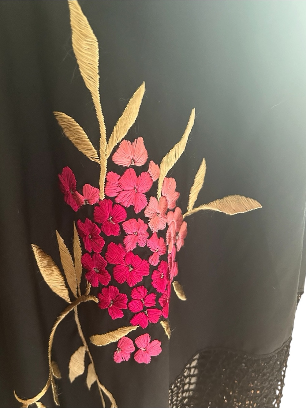 Vintage 1920-30s Black Silk Embroidered Piano Shawl with 21” Fringe - Picture 9 of 12